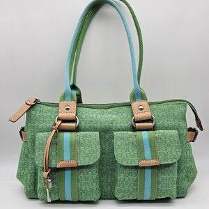 Fossil Vintage Purse Shoulder Bag Green Canvas Geometric Pattern Zip Pockets Y2k